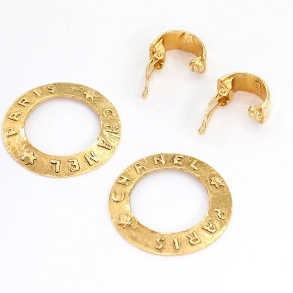 CHANEL PARIS 2 way Round Hoop Earrings Gold Tone 28 Auth w/Box - Picture 10 of 16